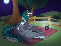 Size: 1280x961 | Tagged: safe, artist:m-p-l, oc, oc only, oc:vanilla buns, pegasus, pony, unicorn, fence, lantern, lying down, moon, moonlight, mother and daughter, on back, on side, pony pillow, tree