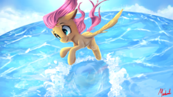 Size: 1920x1080 | Tagged: safe, artist:miokomata, fluttershy, pony, g4, cloud, cute, female, flying, ocean, shyabetes, signature, smiling, solo, spread wings, water, windswept mane