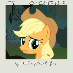 Size: 800x800 | Tagged: safe, artist:penguinsn1fan, artist:rubez2525, applejack, earth pony, pony, g4, album, album cover, cover, female, out of the woods, parody, solo, taylor swift