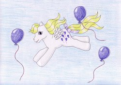 Size: 1024x720 | Tagged: safe, artist:normaleeinsane, surprise, pony, g1, balloon, female, solo, traditional art