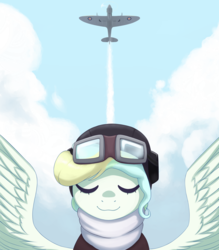 Size: 2000x2287 | Tagged: safe, artist:mrscroup, vapor trail, pegasus, pony, top bolt, air force, aviator goggles, aviator hat, bomber jacket, clothes, eyes closed, female, goggles, hat, helmet, mare, plane, raf, royal air force, scarf, smiling, solo, spread wings, supermarine spitfire