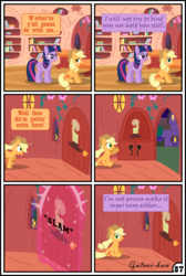 Size: 3254x4837 | Tagged: safe, artist:gutovi, applejack, twilight sparkle, alicorn, pony, comic:why me!?, g4, comic, freckles, golden oaks library, high res, i am an adult, implied twijack, stranger danger, twilight sparkle (alicorn)