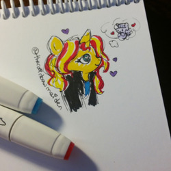 Size: 1280x1280 | Tagged: safe, artist:therainbowmaiden, sunset shimmer, twilight sparkle, alicorn, pony, unicorn, g4, clothes, cute, female, heart, heart eyes, irl, jacket, lesbian, mare, marker, marker drawing, markers, photo, shimmerbetes, ship:sunsetsparkle, shipping, simple background, smiling, thought bubble, traditional art, twiabetes, twilight sparkle (alicorn), wingding eyes
