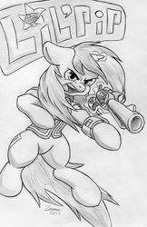 Size: 1608x2478 | Tagged: safe, artist:zemer, oc, oc only, oc:littlepip, pony, unicorn, fallout equestria, action pose, black and white, clothes, fanfic, fanfic art, female, glowing horn, grayscale, gun, handgun, horn, jumpsuit, levitation, little macintosh, looking at you, magic, mare, monochrome, name, open mouth, pipbuck, revolver, screaming, simple background, solo, telekinesis, traditional art, vault suit, weapon, white background