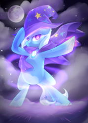 Size: 1024x1434 | Tagged: safe, artist:drawntildawn, trixie, pony, g4, bipedal, cape, clothes, female, full moon, hat, looking at you, mist, moon, smiling, solo, trixie's cape, trixie's hat, watermark