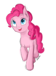 Size: 1608x2176 | Tagged: safe, artist:theshadowstone, pinkie pie, pony, g4, colored sketch, female, happy, open mouth, raised hoof, signature, simple background, smiling, solo, white background