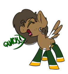 Size: 1650x1790 | Tagged: safe, artist:binkyt11, derpibooru exclusive, oc, oc only, oc:duck badge, duck, pegasus, pony, derpibooru, derpibooru ponified, duck badge, eyes closed, meta, ponified, quack, rule 85, simple background, solo, speech bubble, spread wings, transparent background