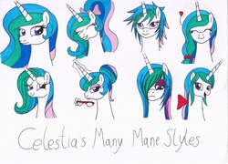 Size: 3482x2506 | Tagged: safe, artist:killerteddybear94, princess celestia, pony, g4, alternate hairstyle, bow, cute, cutelestia, emo, eyes closed, female, glasses, hair bow, hair bun, hair over one eye, heart, high res, lidded eyes, looking at you, looking down, magic, messy mane, open mouth, ponytail, sad, short hair, smiling, solo, traditional art