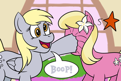 Size: 1800x1200 | Tagged: safe, artist:regularmouseboy, derpy hooves, lily, lily valley, earth pony, pegasus, pony, g4, boop, flower, flower in hair, open mouth, ponyville, punch, smiling, speech bubble