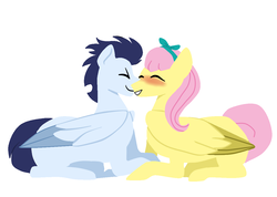 Size: 1200x856 | Tagged: safe, artist:raydiance19, fluttershy, soarin', pony, g4, blushing, cuddling, eyes closed, female, folded wings, male, prone, shipping, simple background, snuggling, soarinshy, straight, white background