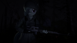 Size: 1920x1080 | Tagged: safe, artist:facelesssoles, marble pie, earth pony, anthro, g4, 3d, clothes, coat, dark, female, gun, night, optical sight, rifle, sniper rifle, solo, svd, tree, uniform, weapon