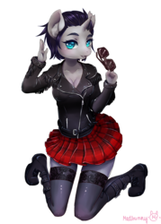 Size: 5905x8267 | Tagged: safe, artist:vanilla166, oc, oc only, oc:iron rose, unicorn, anthro, plantigrade anthro, absurd resolution, beautiful, black hair, boots, cleavage, clothes, cute, female, heavy boots, jacket, leather boots, leather jacket, looking at you, miniskirt, ocbetes, plaid, pleated skirt, sexy, short hair, skirt, socks, solo, stockings, sunglasses, thigh highs