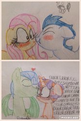 Size: 1024x1536 | Tagged: safe, artist:doodletheexpoodle, fluttershy, soarin', oc, pony, g4, blushing, eyes closed, female, male, offspring, pairings, parent:fluttershy, parent:soarin', parent:sunburst, parent:twilight sparkle, parents:soarinshy, parents:twiburst, shipping, soarinshy, straight, traditional art