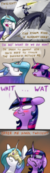 Size: 1200x4096 | Tagged: safe, artist:underpable, princess celestia, storm king, twilight sparkle, alicorn, pony, wyvern, g4, my little pony: the movie, blushing, comic, crossover, dark souls, dark souls 3, dialogue, faic, fire keeper, floppy ears, high res, majestic as fuck, speech bubble, sweat, the nameless king, twilight sparkle (alicorn), wat, weapon