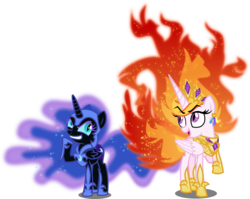 Size: 6000x4782 | Tagged: safe, artist:orin331, nightmare moon, nightmare star, alicorn, pony, g4, absurd resolution, adorabolical, armor, cewestia, cute, ethereal mane, evil, evil eyes, evil grin, female, filly, foal, galaxy mane, grin, jewelry, mane of fire, moonabetes, nightmare woon, regalia, royal sisters, royalty, sisters, smiling, teenager, woona, younger