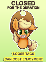 Size: 1000x1350 | Tagged: safe, artist:heir-of-rick, applejack, earth pony, pony, g4, bust, cowboy hat, female, floppy ears, freckles, gradient background, hat, looking at you, portrait, poster, public service announcement, solo, spoiler, stetson, text