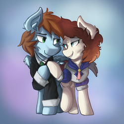 Size: 900x900 | Tagged: safe, artist:saxopi, oc, oc only, oc:charlie, oc:sorren, earth pony, pegasus, pony, charren, clothes, costume, couple, female, gradient background, hearts and hooves day, holding hooves, looking at each other, male, oc x oc, shipping, simple background, smiling, straight, wings