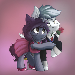 Size: 1600x1600 | Tagged: safe, artist:saxopi, oc, oc only, oc:kate, oc:kej, pegasus, pony, unicorn, clothes, costume, couple, dress, female, flower, hearts and hooves day, hoof hold, k+k, male, rose, simple background, straight