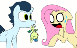 Size: 1024x640 | Tagged: safe, artist:doodletheexpoodle, fluttershy, soarin', oc, oc:whistle tune, bat pony, pegasus, pony, g4, female, male, mouth hold, next generation, offspring, parent:fluttershy, parent:soarin', parents:soarinshy, shipping, simple background, soarinshy, straight, sweat, upside down, white background