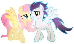 Size: 1260x750 | Tagged: safe, artist:bluerosearrow, fluttershy, soarin', pegasus, pony, g4, base used, blushing, duo, female, male, shipping, simple background, soarinshy, straight, transparent background, vector, walking