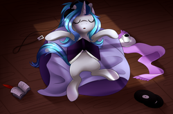 Size: 3000x1990 | Tagged: safe, artist:scarlet-spectrum, oc, oc only, pony, unicorn, book, commission, cup, drink, eyes closed, female, headphones, ipod, listening, mare, mp3 player, music, on back, plate, sleeping, solo