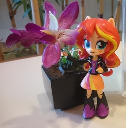 Size: 2117x2145 | Tagged: safe, artist:hero1290, sunset shimmer, equestria girls, g4, boots, clothes, doll, equestria girls minis, eqventures of the minis, flower, high heel boots, high res, irl, jacket, photo, skirt, solo, toy