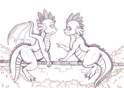 Size: 3507x2480 | Tagged: safe, artist:exelzior, spike, dragon, g4, barb, bush, dragoness, female, high res, lineart, looking at each other, male, monochrome, r63 paradox, rule 63, self paradox, self shipping, sketch, surprised, winged spike, wings, wip