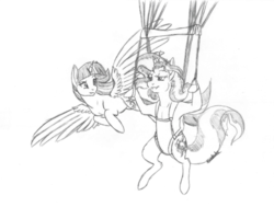 Size: 800x606 | Tagged: safe, artist:kourabiedes, sunset shimmer, twilight sparkle, alicorn, pony, unicorn, g4, duo, flying, grayscale, monochrome, parachute, sketch, skydiving, twilight sparkle (alicorn)