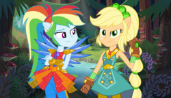 Size: 800x457 | Tagged: safe, artist:imperfectxiii, artist:sugar-loop, artist:themexicanpunisher, applejack, rainbow dash, equestria girls, g4, my little pony equestria girls: legend of everfree, clothes, crystal guardian, crystal wings, cute, female, forest, gloves, lesbian, pants, ponied up, ship:appledash, shipping