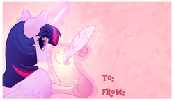 Size: 1280x749 | Tagged: safe, artist:lolepopenon, twilight sparkle, alicorn, pony, g4, female, heart eyes, hearts and hooves day, quill, scroll, smiling, solo, twilight sparkle (alicorn), valentine's day, valentine's day card, wingding eyes