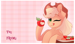 Size: 1280x749 | Tagged: safe, artist:lolepopenon, applejack, earth pony, pony, g4, apple, female, food, heart eyes, licking, licking lips, looking at you, one eye closed, solo, tongue out, valentine's day, valentine's day card, wingding eyes, wink