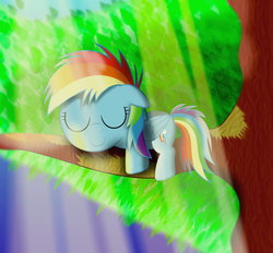 Size: 2750x2550 | Tagged: safe, artist:spellboundcanvas, rainbow dash, pegasus, pony, g4, c:, crepuscular rays, cute, dashabetes, eyes closed, female, filly, filly rainbow dash, floppy ears, high res, prone, sleeping, smiling, solo, tree, tree branch, younger