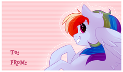 Size: 1280x749 | Tagged: safe, artist:lolepopenon, rainbow dash, pegasus, pony, g4, female, heart eyes, smiling, solo, valentine's day, valentine's day card, wingding eyes