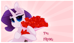Size: 1280x749 | Tagged: safe, artist:lolepopenon, rarity, pony, unicorn, g4, female, flower, heart eyes, looking at you, rose, smiling, solo, valentine's day, valentine's day card, wingding eyes