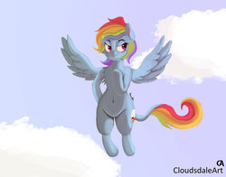 Size: 900x706 | Tagged: safe, artist:cloudsdaleart, rainbow dash, pegasus, pony, g4, belly button, chest fluff, cloud, female, flying, solo, tongue out