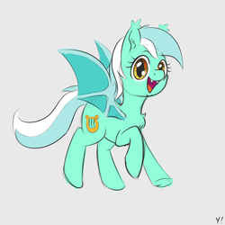 Size: 1000x1000 | Tagged: dead source, safe, artist:yakoshi, lyra heartstrings, bat pony, pony, g4, blushing, chest fluff, cute, ear fluff, fangs, female, flying, gray background, happy, looking at you, lyrabat, lyrabetes, open mouth, race swap, simple background, smiling, solo, spread wings, underhoof