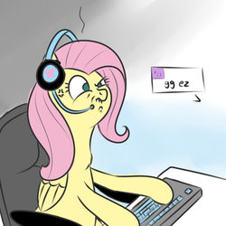 Size: 1000x1000 | Tagged: safe, artist:yakoshi, fluttershy, pegasus, pony, g4, ^:), chest fluff, female, gamershy, gg, ggez, headset, keyboard, mare, peeved, solo