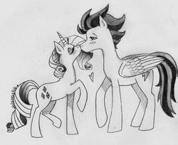 Size: 588x480 | Tagged: safe, artist:jade909aj, rarity, soarin', pony, g4, crack shipping, female, grayscale, kissing, male, monochrome, shipping, soarity, straight