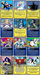 Size: 1397x2615 | Tagged: safe, artist:terry, princess celestia, oc, cow, g4, batman, card game, cloven hooves, crossover, dc comics, female, filly, iron man, male, marvel comics, original character do not steal, sailor moon (series), superman, udder, wonder woman