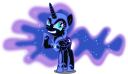 Size: 6878x4000 | Tagged: safe, artist:orin331, nightmare moon, princess luna, alicorn, pony, g4, absurd resolution, adorabolical, armor, cute, ethereal mane, evil, evil eyes, evil grin, female, filly, foal, galaxy mane, grin, jewelry, moonabetes, nightmare woon, regalia, royalty, simple background, smiling, solo, teenager, transparent background, vector, younger