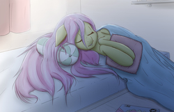 Size: 1352x868 | Tagged: safe, artist:ikarooz, fluttershy, pony, g4, beautiful, blanket, cute, eyes closed, female, floppy ears, loose hair, morning, peaceful, pillow, shyabetes, sleeping, smiling, solo, spread out hair