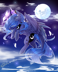 Size: 2000x2500 | Tagged: safe, artist:panchie001, princess luna, alicorn, butterfly, pony, g4, female, flower, flower in hair, flying, high res, moon, solo