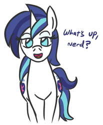 Size: 353x428 | Tagged: safe, artist:jargon scott, shining armor, pony, unicorn, g4, bedroom eyes, both cutie marks, dialogue, female, gleaming shield, lidded eyes, looking at you, open mouth, rule 63, simple background, smiling, solo, talking to viewer, white background, wide hips
