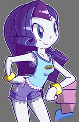 Size: 743x1149 | Tagged: safe, artist:rvceric, rarity, equestria girls, g4, my little pony equestria girls: legend of everfree, armpits, bracelet, clothes, female, gray background, hand on hip, jewelry, pixiv, shorts, simple background, smiling, solo, tank top