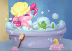 Size: 7016x4961 | Tagged: safe, artist:cutepencilcase, gummy, pinkie pie, earth pony, pony, g4, absurd resolution, bath, bath brush, bathtub, brush, bubble, bubble bath, cute, diapinkes, duo, eyes closed, hat, profile, rubber duck, shower cap, smiling, water