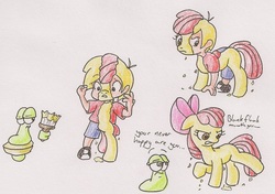 Size: 1853x1301 | Tagged: safe, artist:cjsluggle, apple bloom, oc, earth pony, human, pony, slug, g4, blank flank, disappearing clothes, female, filly, foal, grumpy, human male, human to pony, male, male to female, misspelling of you're, non-mlp oc, paint, paint tf, paintbrush, rule 63, simple background, traditional art, transformation, transformation sequence, transgender transformation, white background