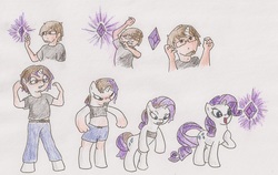 Size: 3057x1929 | Tagged: safe, artist:cjsluggle, rarity, human, pony, unicorn, g4, brown hair, disappearing clothes, facial hair, female, gem, glasses, glowing, goatee, gritted teeth, human male, human to pony, light skin, male, male to female, mare, open mouth, open smile, rule 63, simple background, smiling, solo, teeth, traditional art, transformation, transformation sequence, transgender transformation, white background