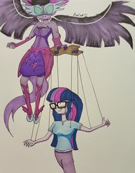 Size: 1024x1316 | Tagged: safe, artist:missmayaleanne, sci-twi, twilight sparkle, equestria girls, g4, clothes, crying, duo, floating, glasses, midnight sparkle, pants, possessed, puppet, simple background, traditional art, white background