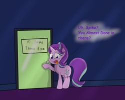 Size: 2751x2213 | Tagged: safe, artist:starlightflopple, spike, starlight glimmer, dragon, pony, unicorn, g4, bathroom, dialogue, door, high res, need to pee, omorashi, open mouth, potty dance, potty emergency, potty time, raised hoof, solo, trotting in place