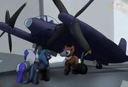 Size: 1280x870 | Tagged: safe, artist:the-furry-railfan, oc, oc only, oc:contrail, oc:night strike, oc:static charge, earth pony, pegasus, pony, fallout equestria, fallout equestria: empty quiver, aircraft, autocannon, clothes, hangar, hat, jacket, outdoors, propeller, story, vought xf5u